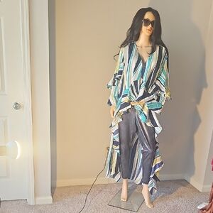 Ashley Stewart Blue and Yellow Striped Long Sleeve Dress